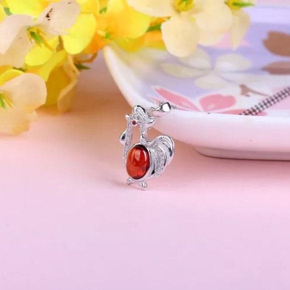 14k Gold Natural Garnet Diamonds Chicken Sterling Silver Necklace - Picture 3 of 10